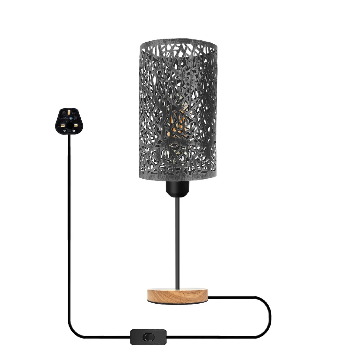 Industrial table lamp with metal wire cage and wooden base on a wooden surface against a white background