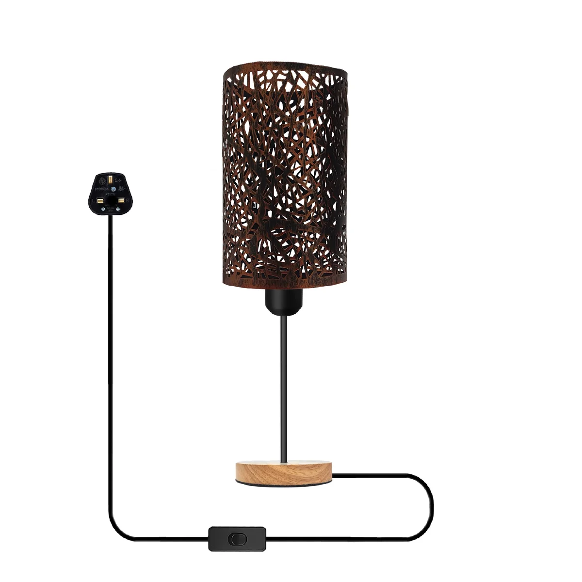 Industrial table lamp with metal wire cage shade and natural wood base on a white background, no bulb included