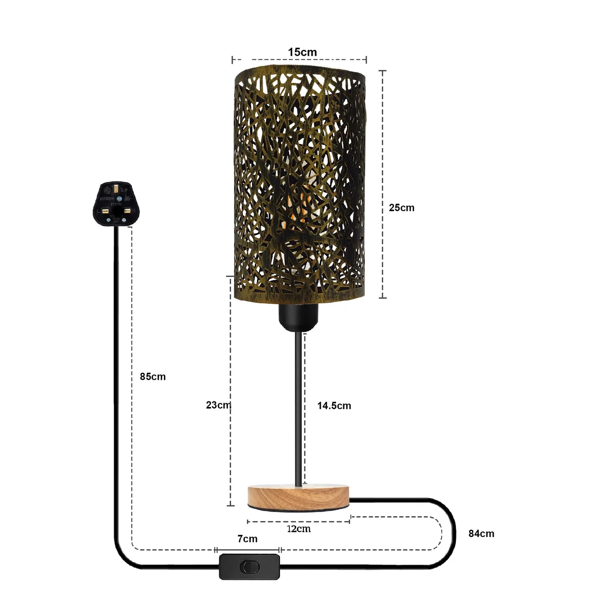 Industrial table lamp with metal wire cage shade and natural wood base on a plain white background