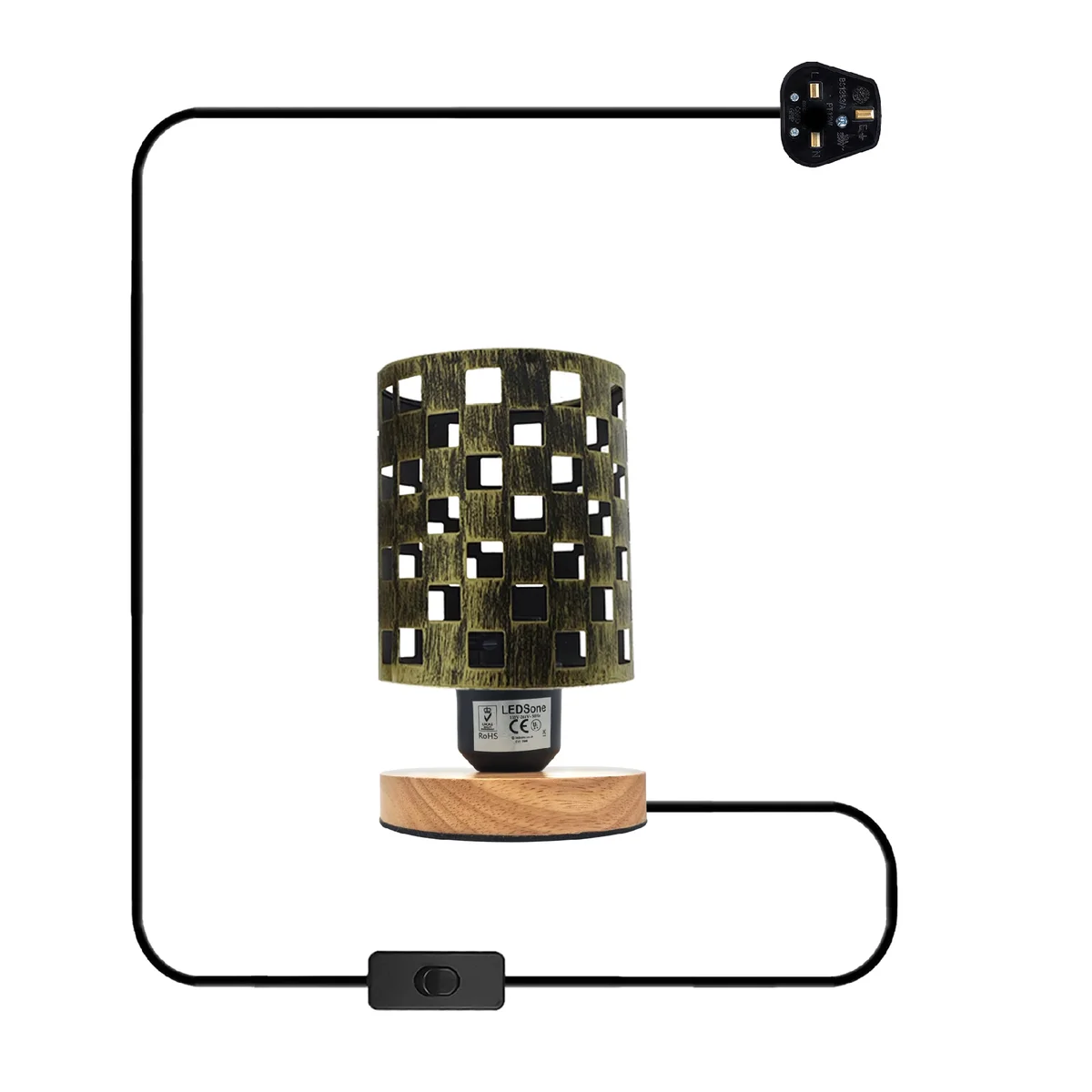 Antique brass E27 bulb table lamp with metal wire cage shade and natural wood base on a wooden surface
