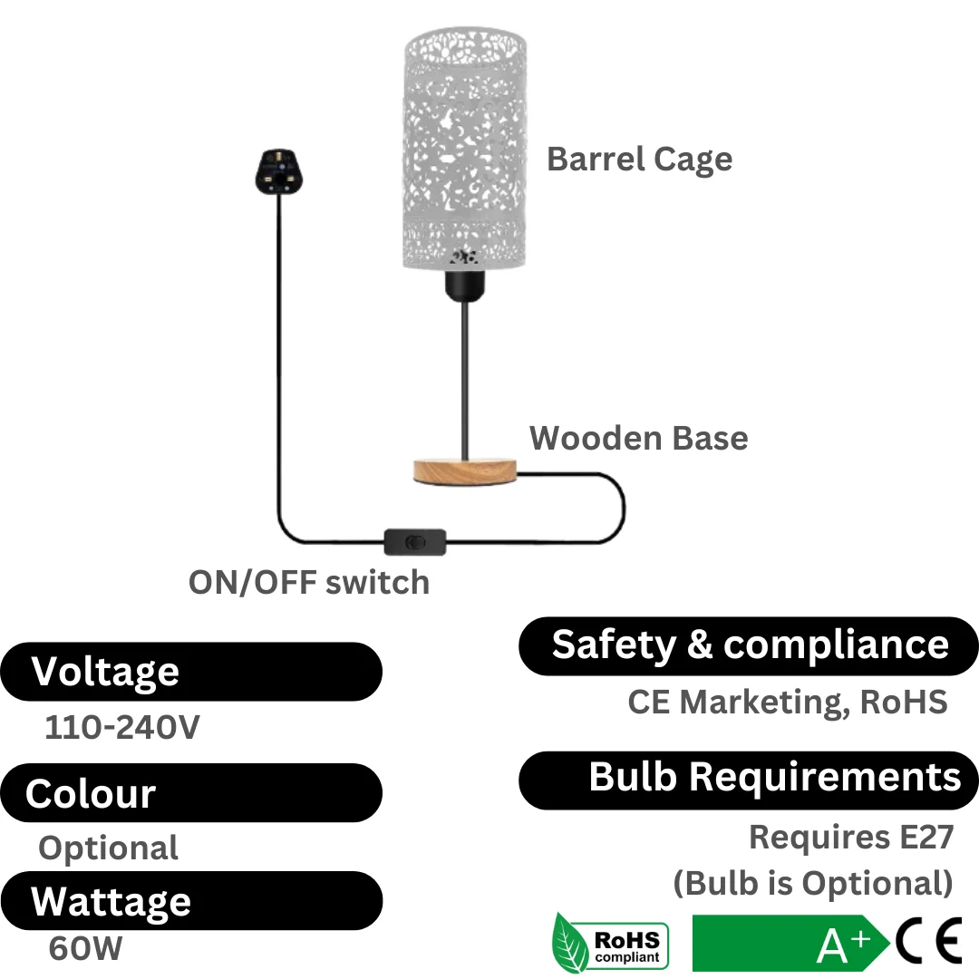 E27 table lamp with metal wire cage shade and natural wood base, featuring on/off switch and 85cm height