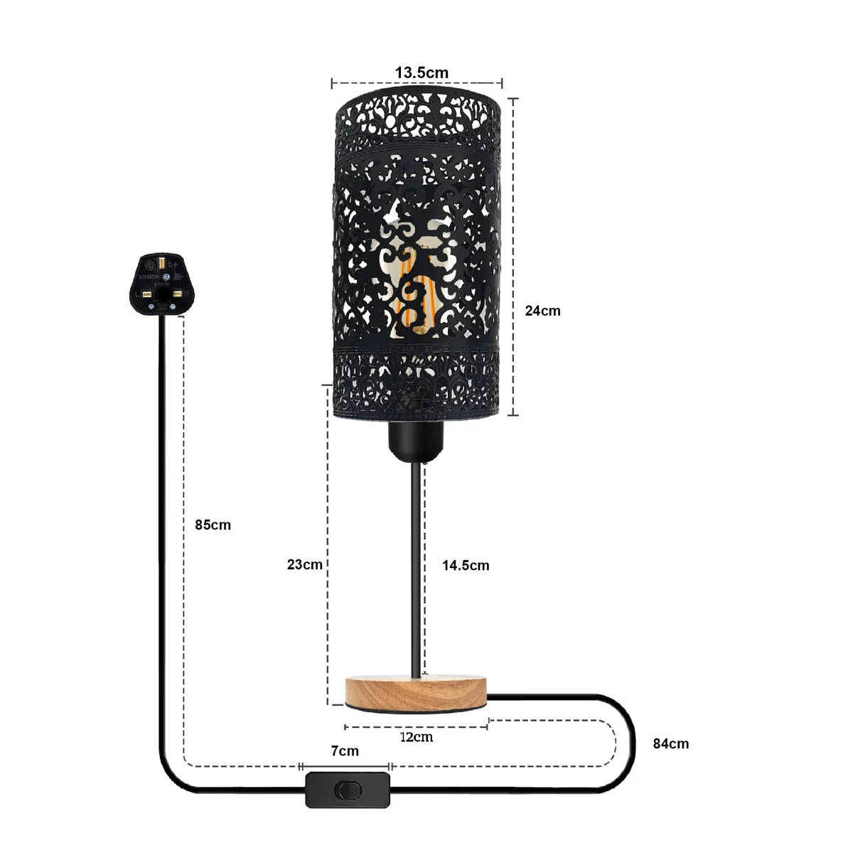 Wooden base lamp with metal wire cage shade and E27 bulb socket, featuring an on/off switch and 85cm height