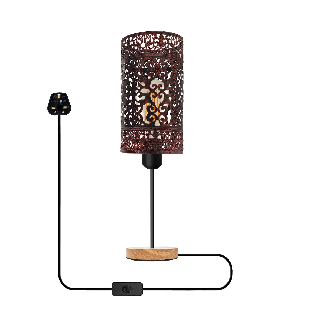 Metal wire cage lamp with natural wooden base and E27 bulb socket on a white surface against a plain background
