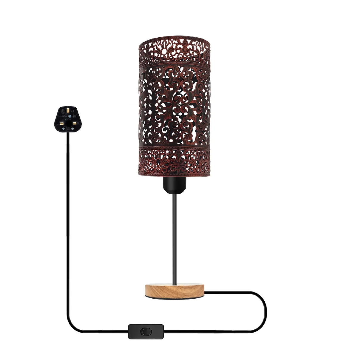 Industrial style LED compatible lamp with metal wire cage shade and natural wood base on white background