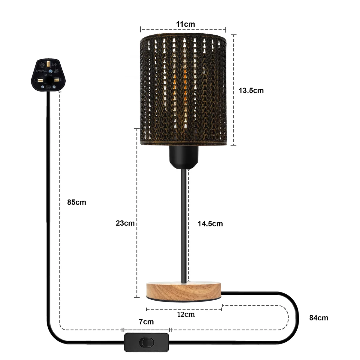 Industrial metal wire cage lamp with natural wood stand and E27 bulb socket on white background