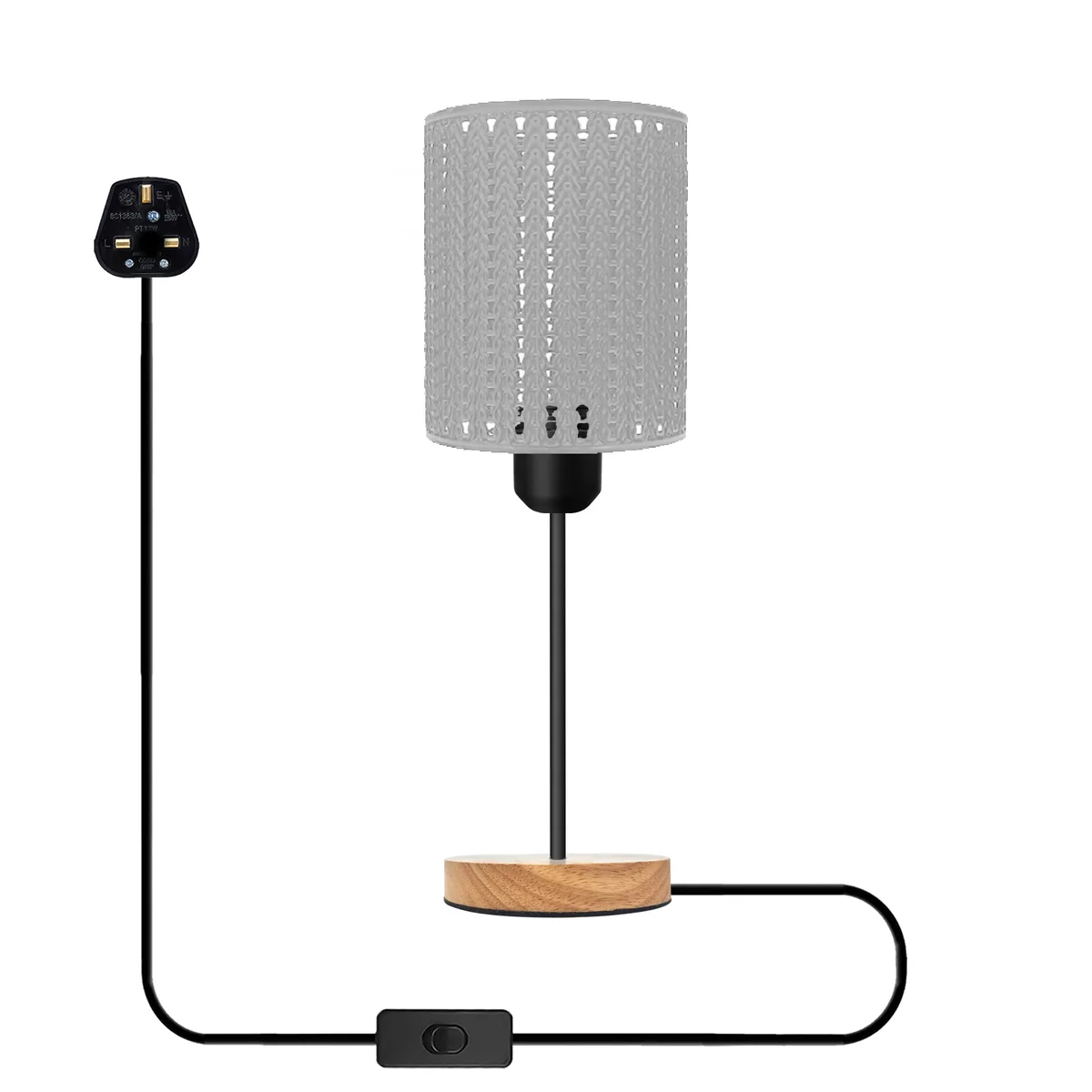 Industrial metal wire cage plug-in table light with natural wood stand, E27 socket, and inline on/off switch, 85cm tall.