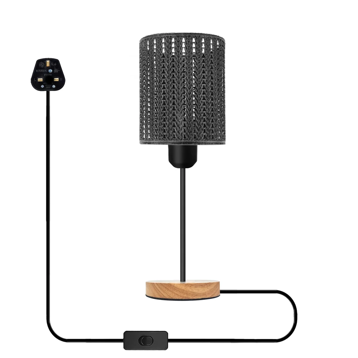 Industrial table lamp with metal wire cage, natural wood stand, E27 socket, and in-line on/off switch on adjustable cable