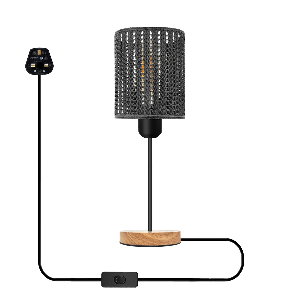Industrial table lamp with metal wire cage, natural wood stand, and E27 bulb socket on adjustable cable