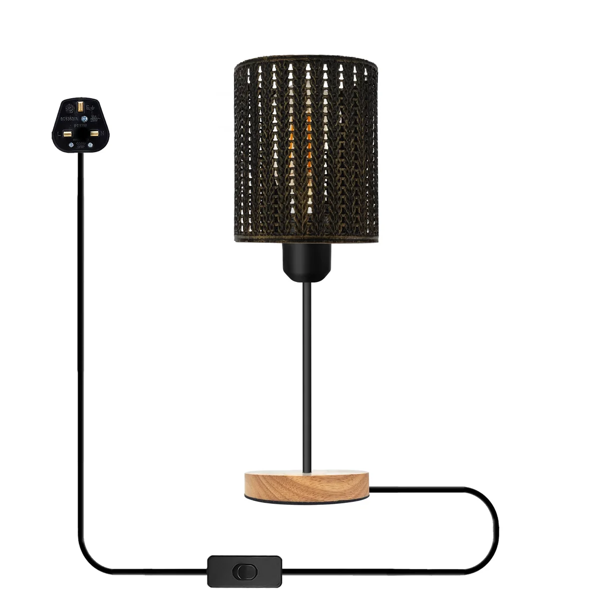 Industrial table lamp with metal wire cage shade and natural wood stand, shown lit with warm bulb on wooden surface