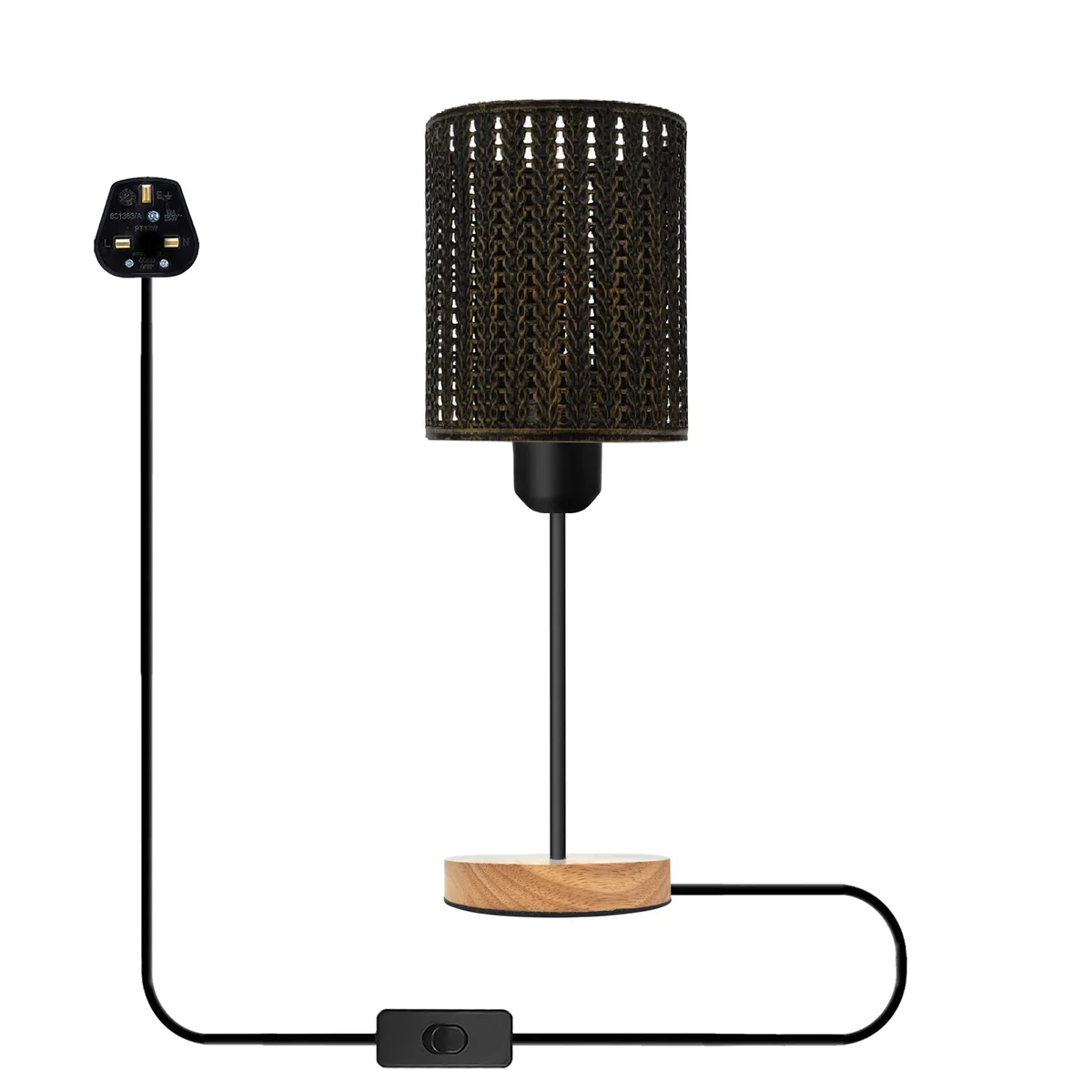Industrial table lamp with metal wire cage shade and natural wood stand, shown on a wooden surface against white wall