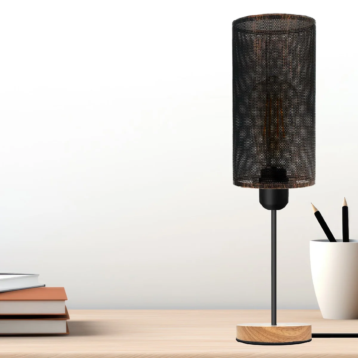 Industrial table lamp with metal wire cage shade and natural wood base, E27 plug-in design, 85cm tall.