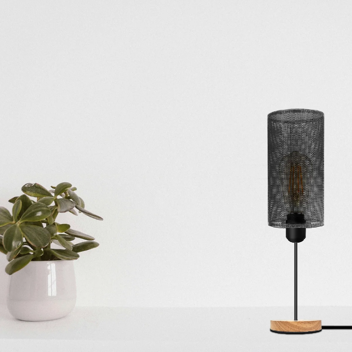 Metal wire cage lamp with natural wood base, E27 socket, and 84cm plug-in cable on white background