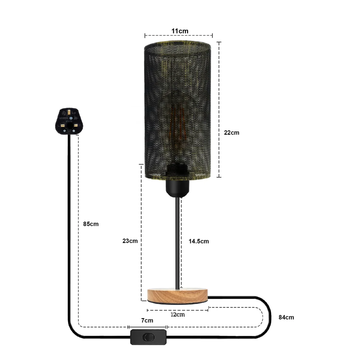 Industrial wooden base lamp with metal wire cage shade and E27 plug-in cable on white background