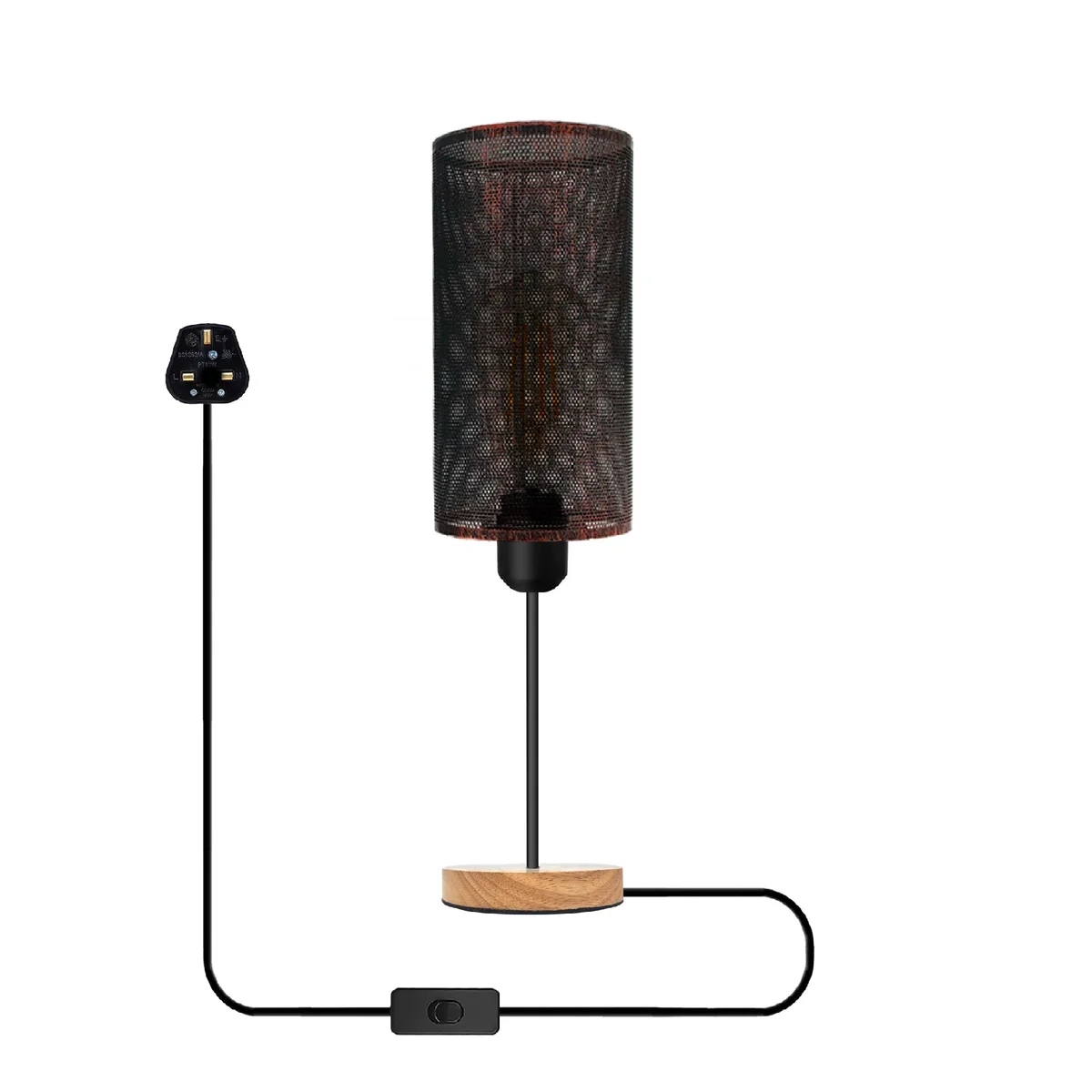 Industrial wire cage table lamp with wooden base and E27 plug-in lamp socket on adjustable cable against white background