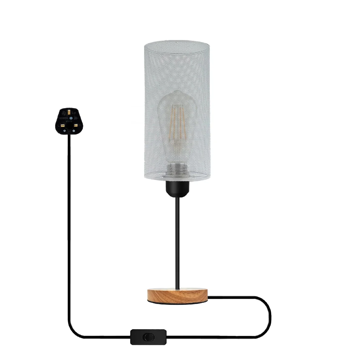 Industrial wire cage bedside table lamp with natural wood base and E27 bulb socket on plug-in cable