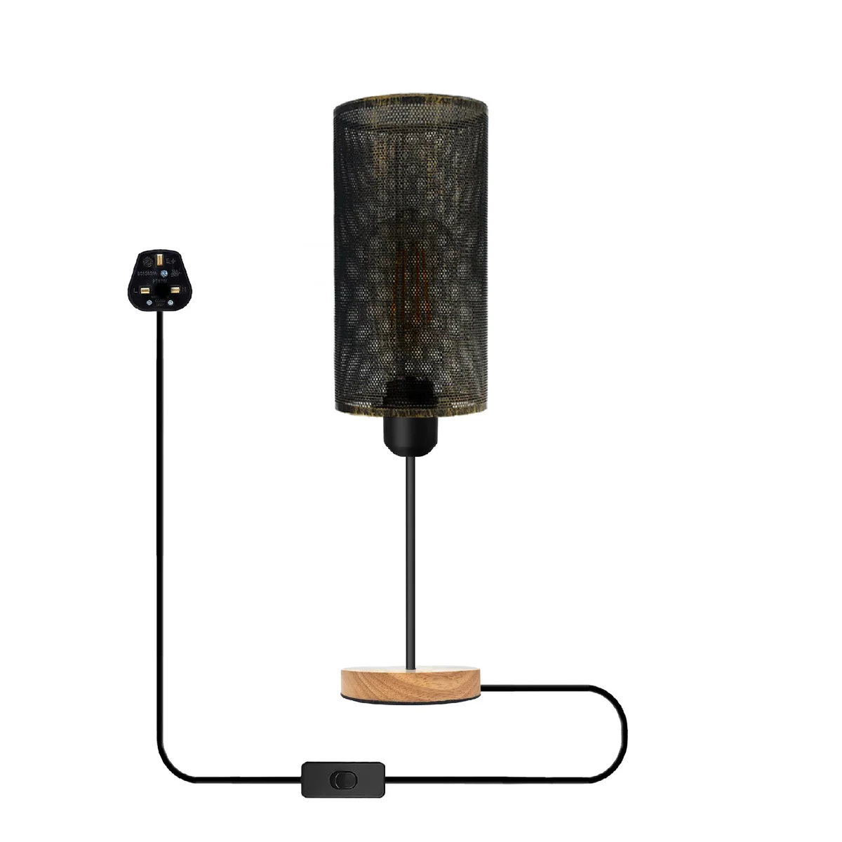 Industrial wire cage table lamp with wooden base, E27 socket, LED compatible lamp with plug-in cable and on/off switch