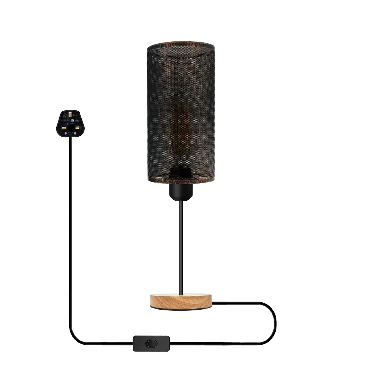Industrial table lamp with metal wire cage shade and natural wood base, E27 plug-in with in-line switch on cable