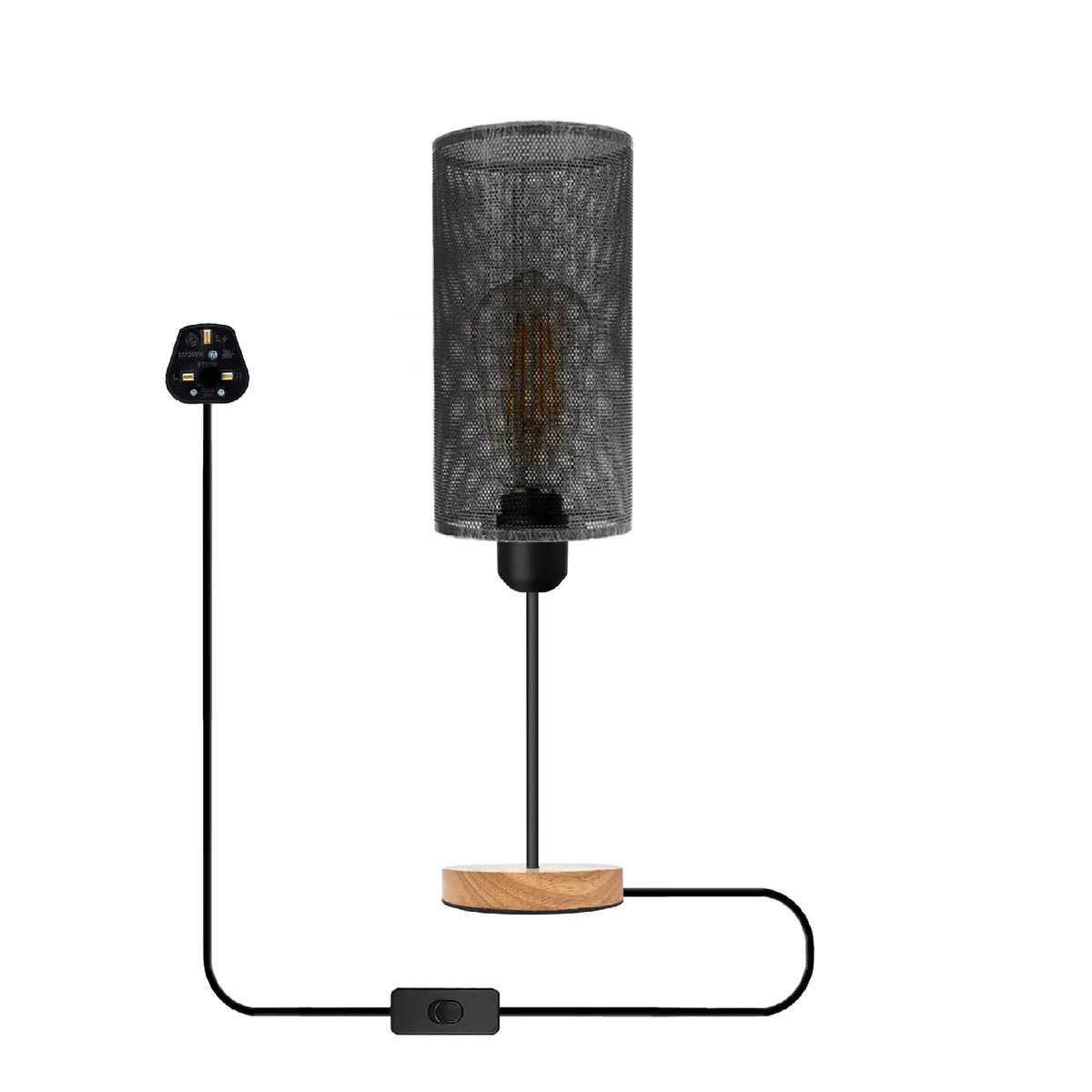 Industrial table lamp with metal wire cage shade and natural wood base, E27 plug-in design with inline switch