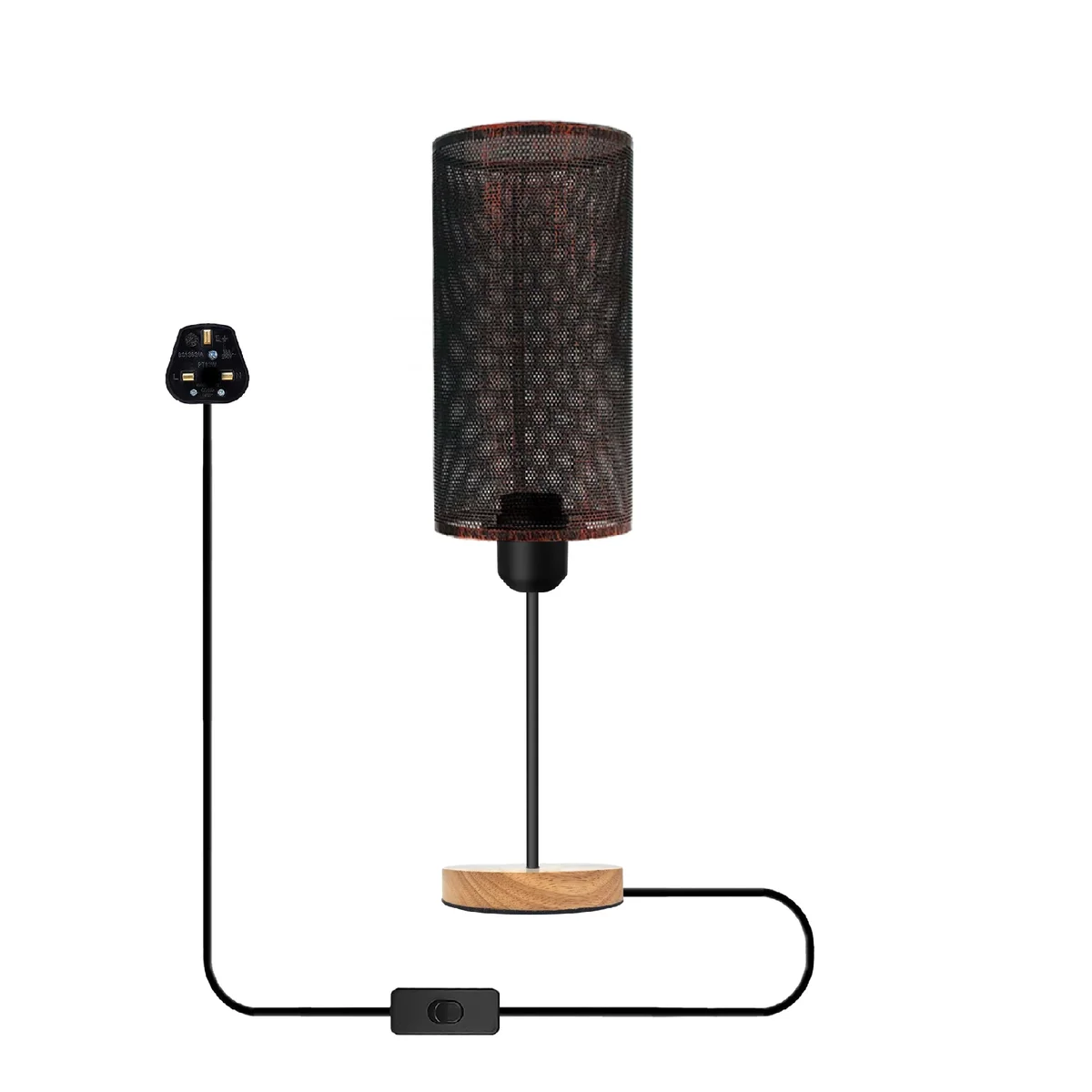 Industrial table lamp with metal wire cage shade and natural wood base, E27 plug-in with in-line switch on cable