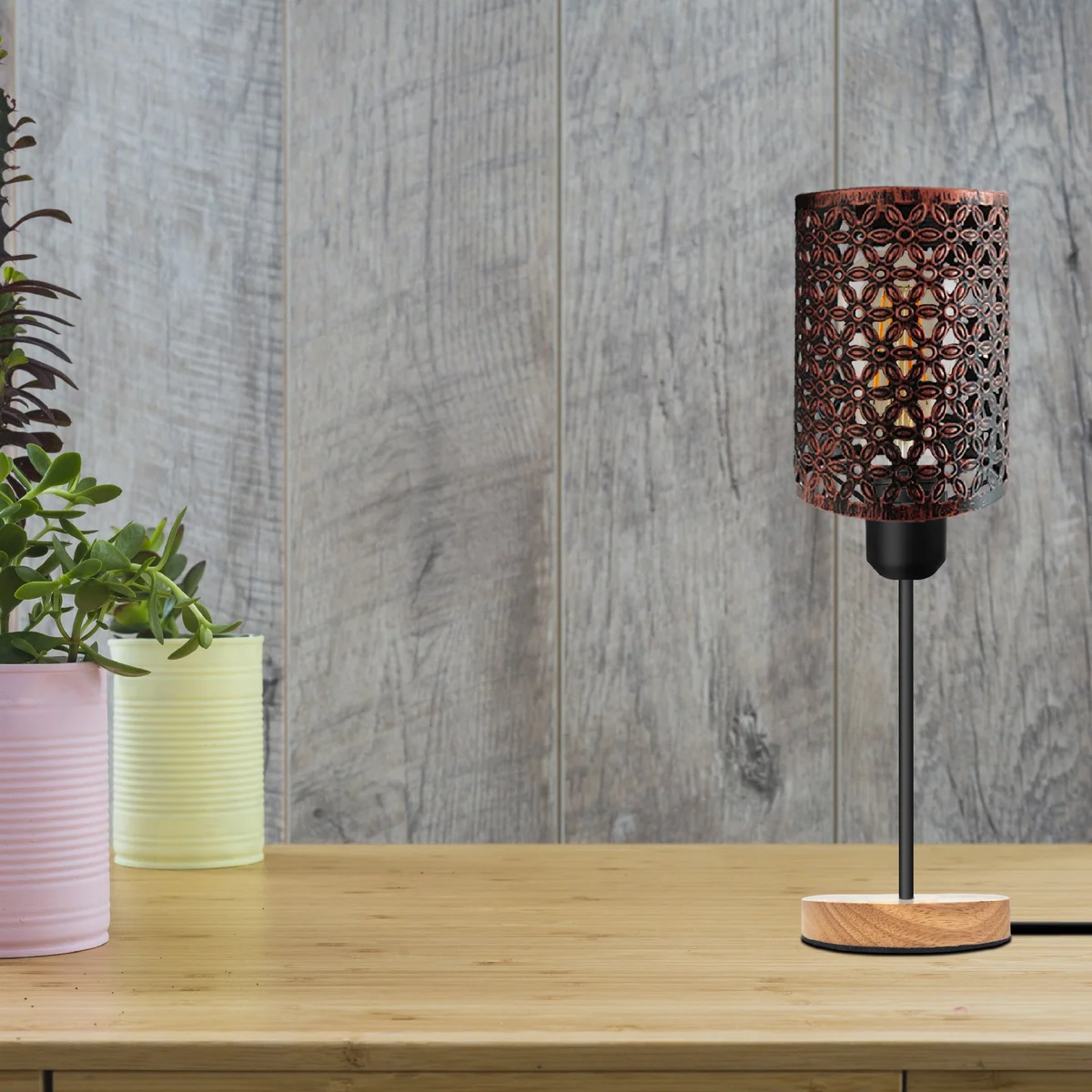 Industrial table lamp with metal barrel cage and wooden base, E27 socket, plug-in with inline switch, vintage style
