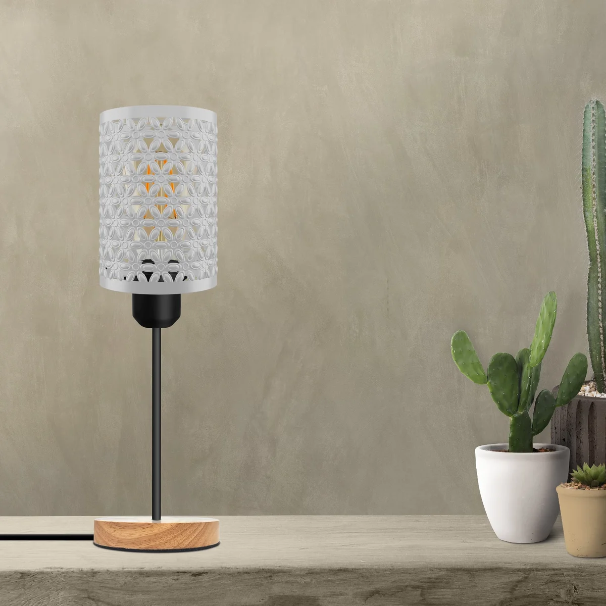Vintage industrial lamp with metal barrel cage and wooden base, plug-in with E27 socket, 85cm tall.