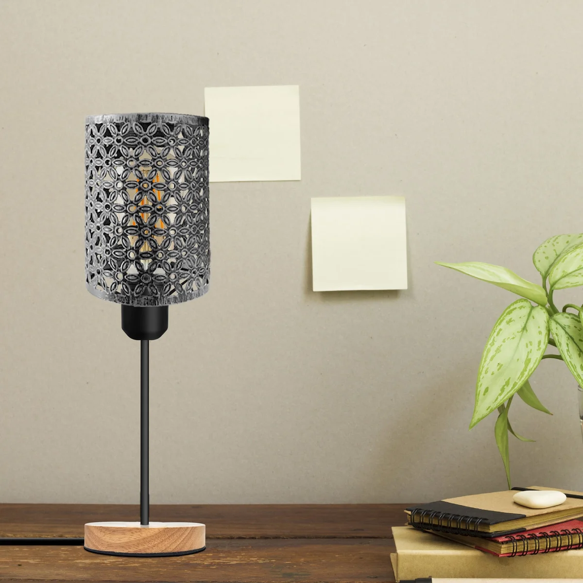 Metal cage table lamp with vintage industrial design, wooden base, and E27 socket, shown on a white background
