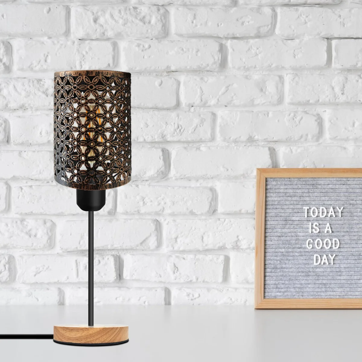 Vintage industrial wooden base lamp with metal barrel cage and E27 socket on a white background