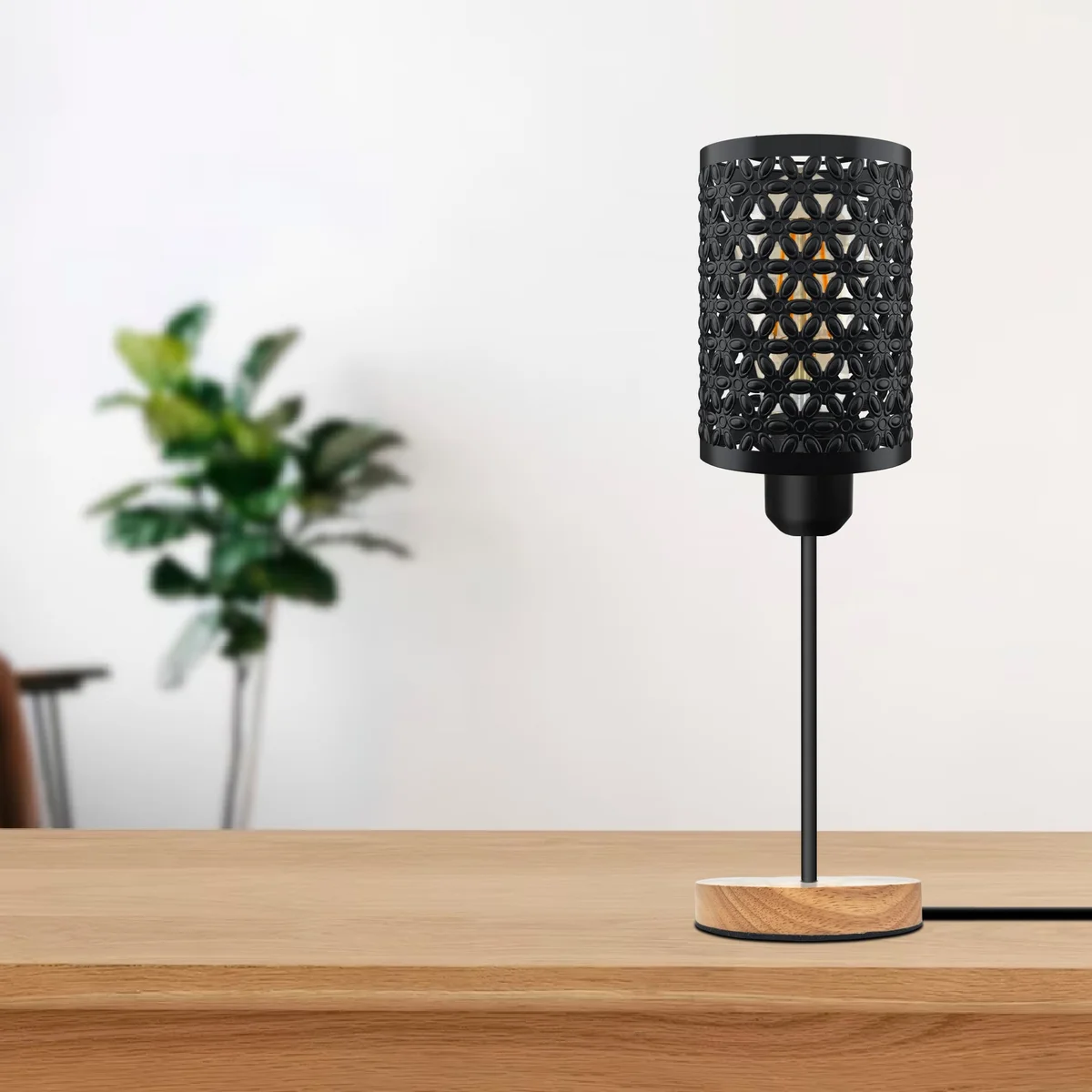 Industrial table lamp with metal barrel cage and wooden base, plug-in with inline on/off switch, modern vintage style