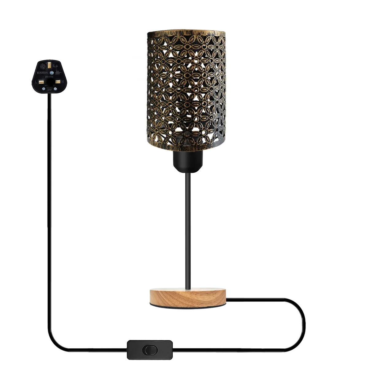Industrial table lamp with metal barrel cage and wooden base, plugged in with visible in-line on/off switch on cable