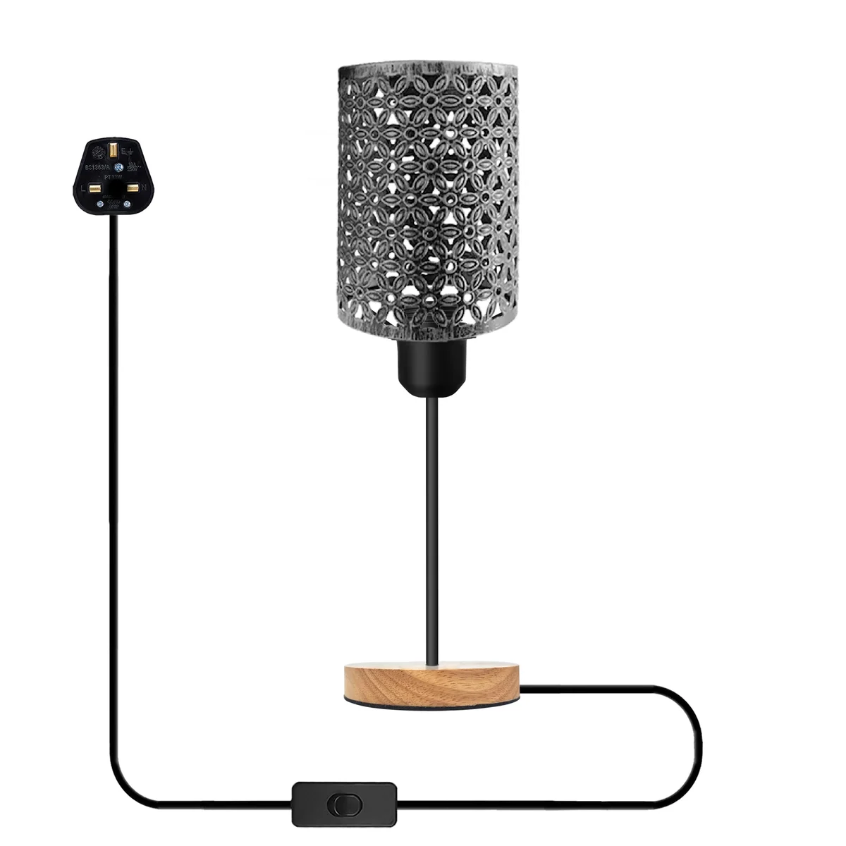 Industrial table lamp with metal barrel cage and wooden base, showing E27 socket and plug-in cable on white background