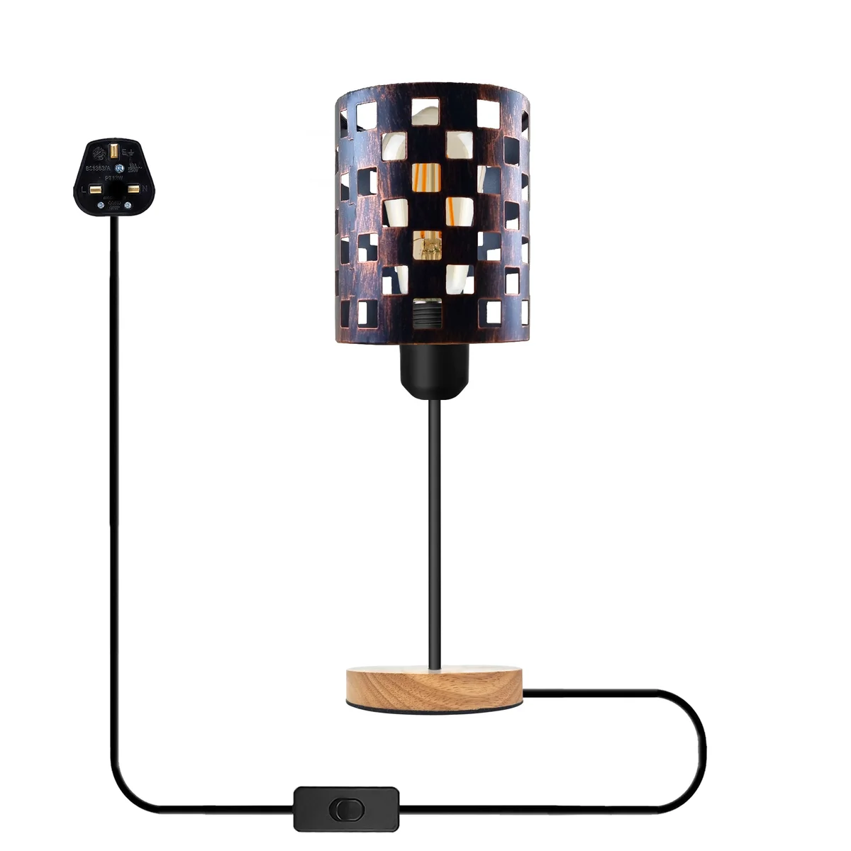 Industrial table lamp with metal wire cage shade and natural wooden base on white background