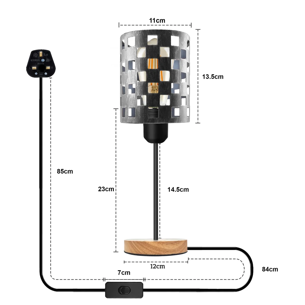 Industrial metal cage lamp with wooden base and E27 socket, featuring a barrel cage design and plug-in cable