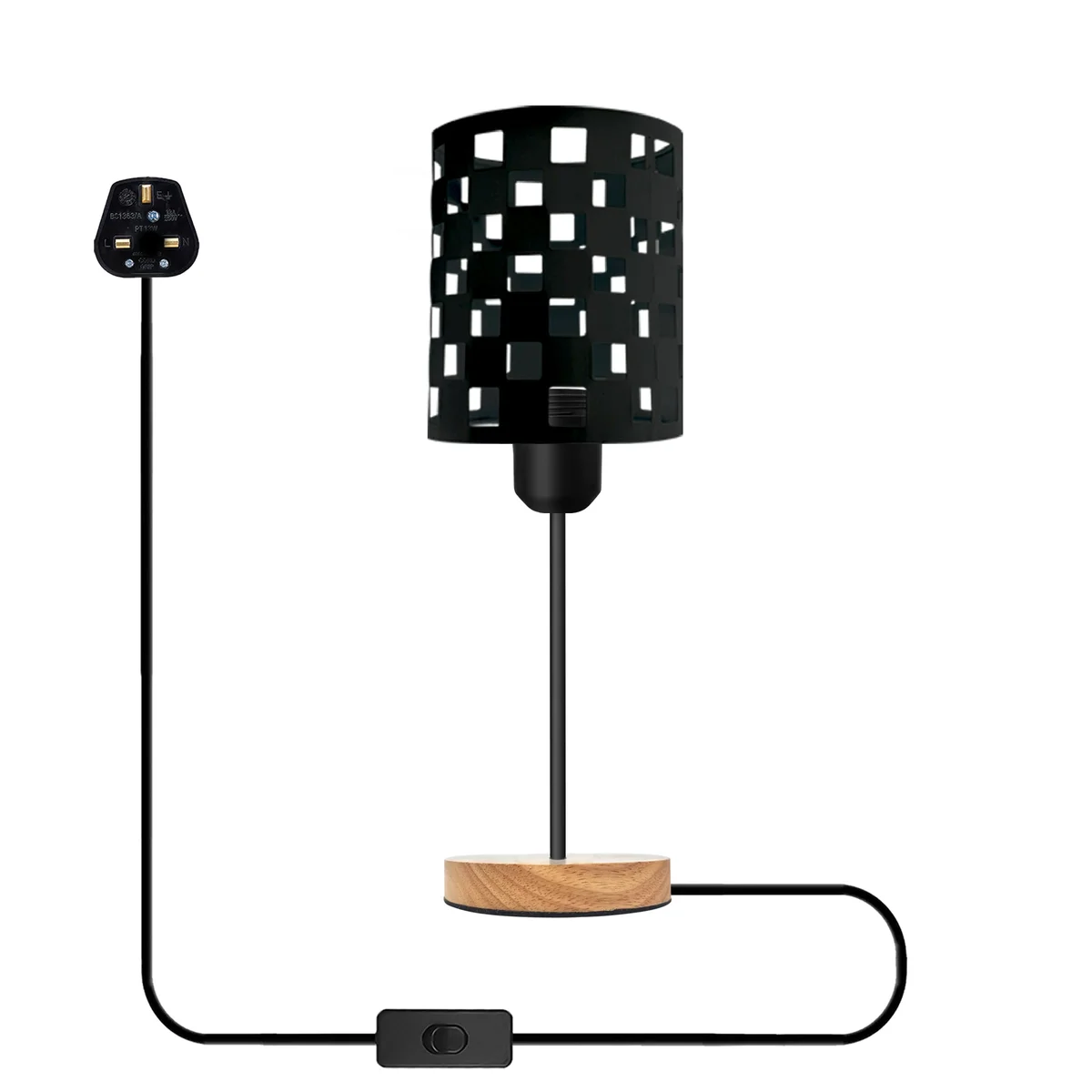 Industrial E27 bulb lamp with metal cage and wooden base, plug-in table lamp with on/off switch, 85cm tall