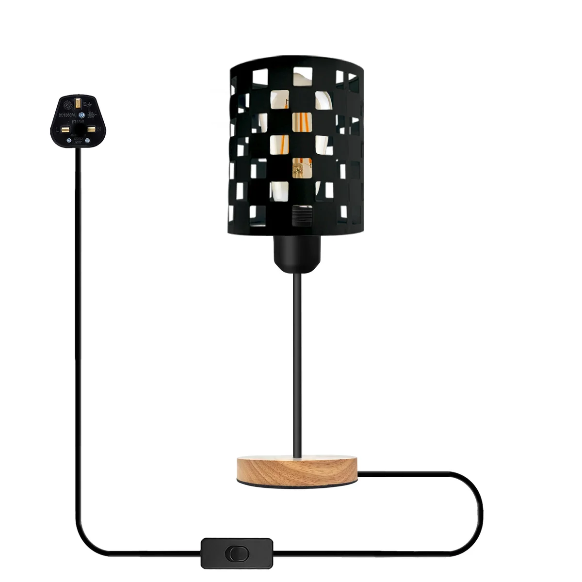 Industrial plug-in lamp with metal wire cage shade and natural wood base, featuring an E27 bulb socket and on/off switch