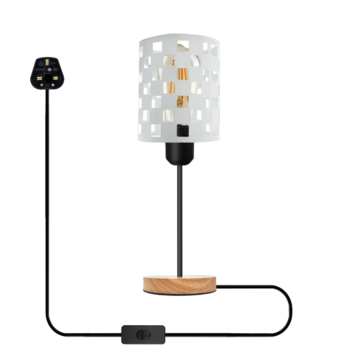 Industrial table lamp with metal wire cage shade and wooden base, E27 socket, plugged in with visible on/off switch