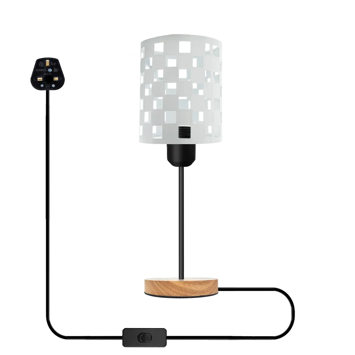 Industrial table lamp with metal wire cage shade and natural wood base, E27 socket, plug-in with on/off switch