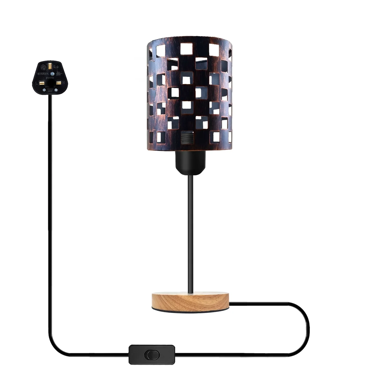 Industrial table lamp with metal wire cage, natural wood base, E27 socket, and adjustable plug-in cable on white background