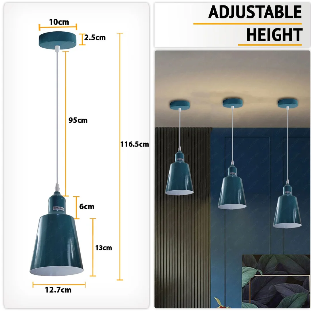 Small vintage-style dimmable pendant light with pink metal and PVC shade hanging from a 95cm adjustable cable
