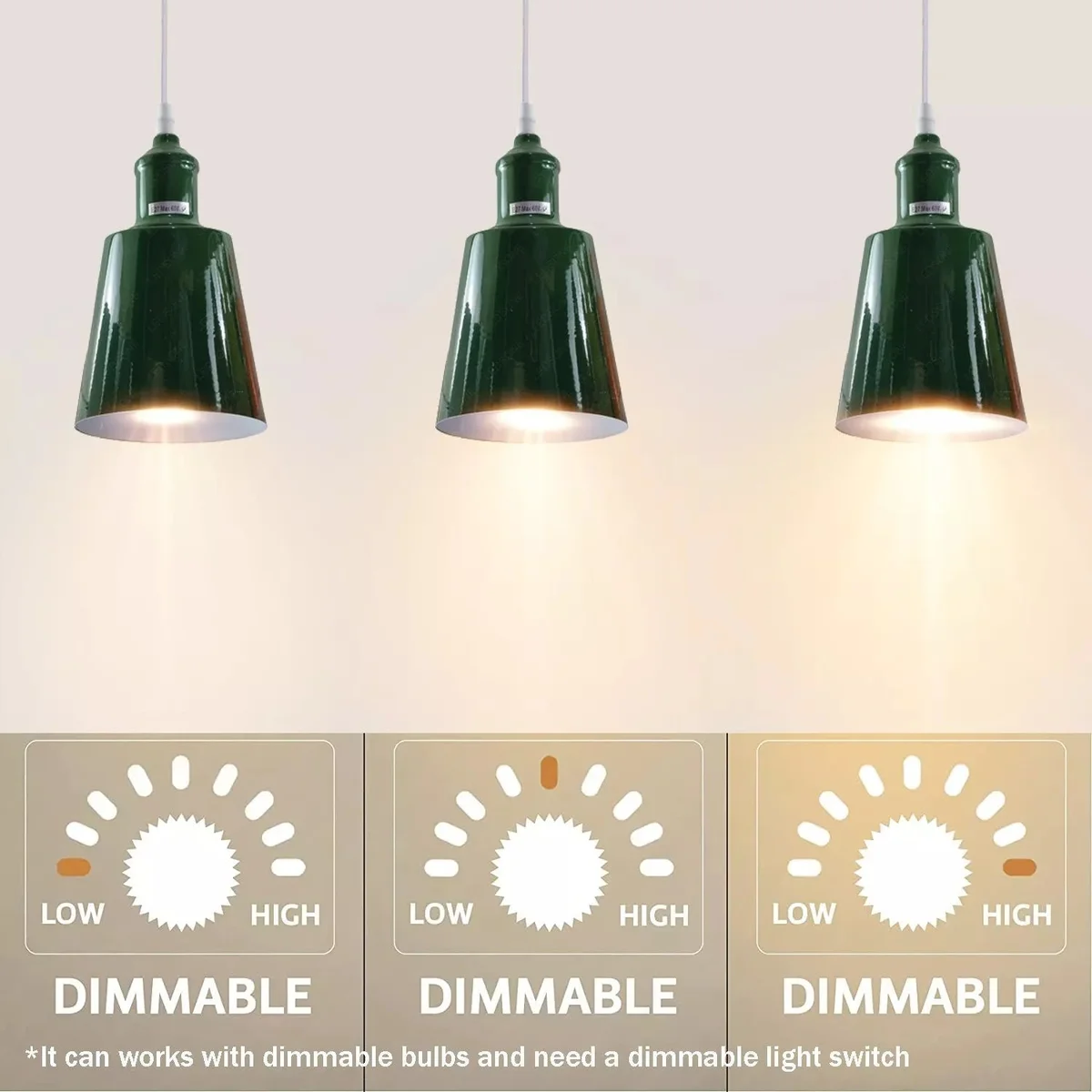 Vintage style pendant lamp with adjustable cable pendant in green metal and PVC shade hanging from ceiling