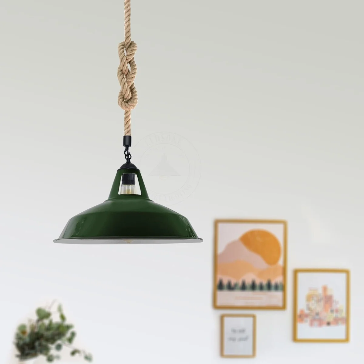 Industrial metal hemp rope pendant light with 2m hanging cord and retro-style lampshade, indoor ceiling fixture