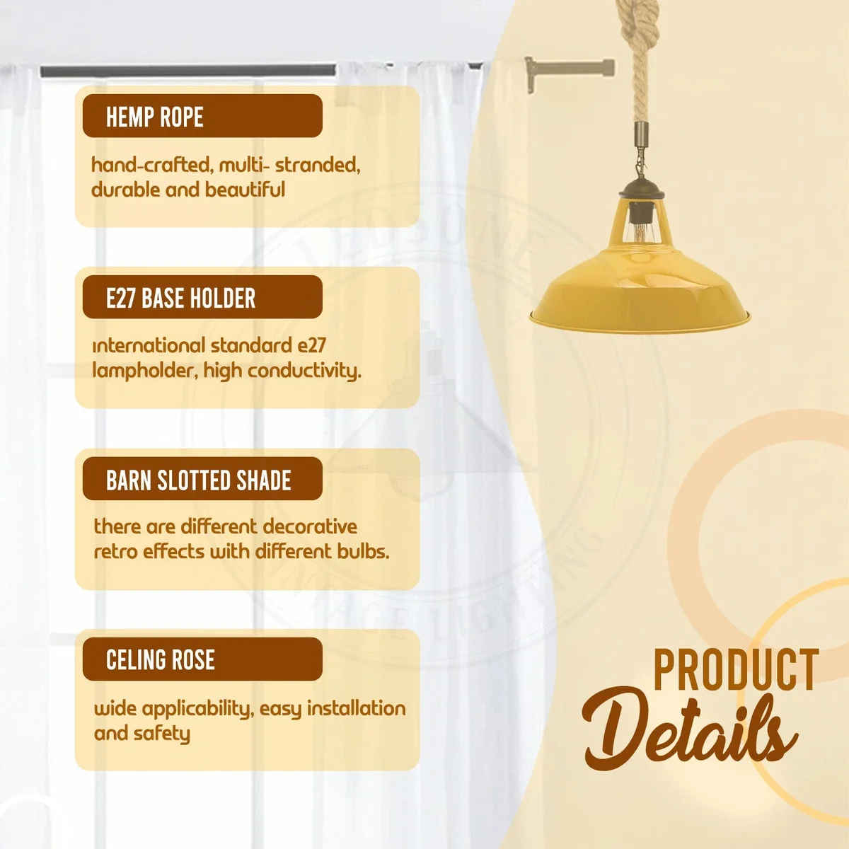 Industrial metal and hemp rope indoor pendant lighting with 2m cord, retro style ceiling lamp, dimmable with E27 bulb