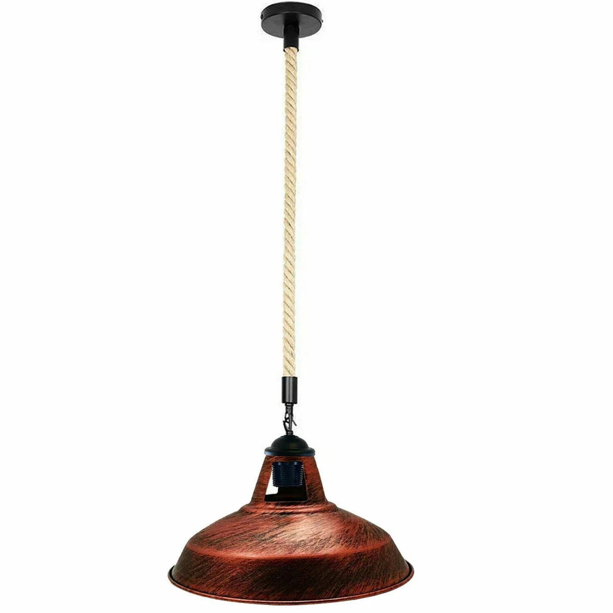 Industrial metal hemp rope pendant light with 2m hanging cord and retro-style ceiling rose fitting in indoor setting