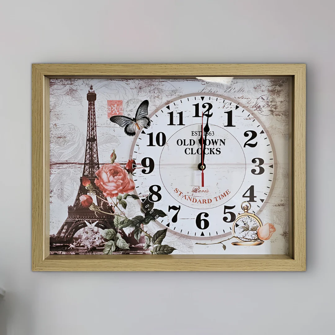 Rectangular wooden Eiffel Tower wall clock with framed Parisian art and large clear numbers on a smooth surface