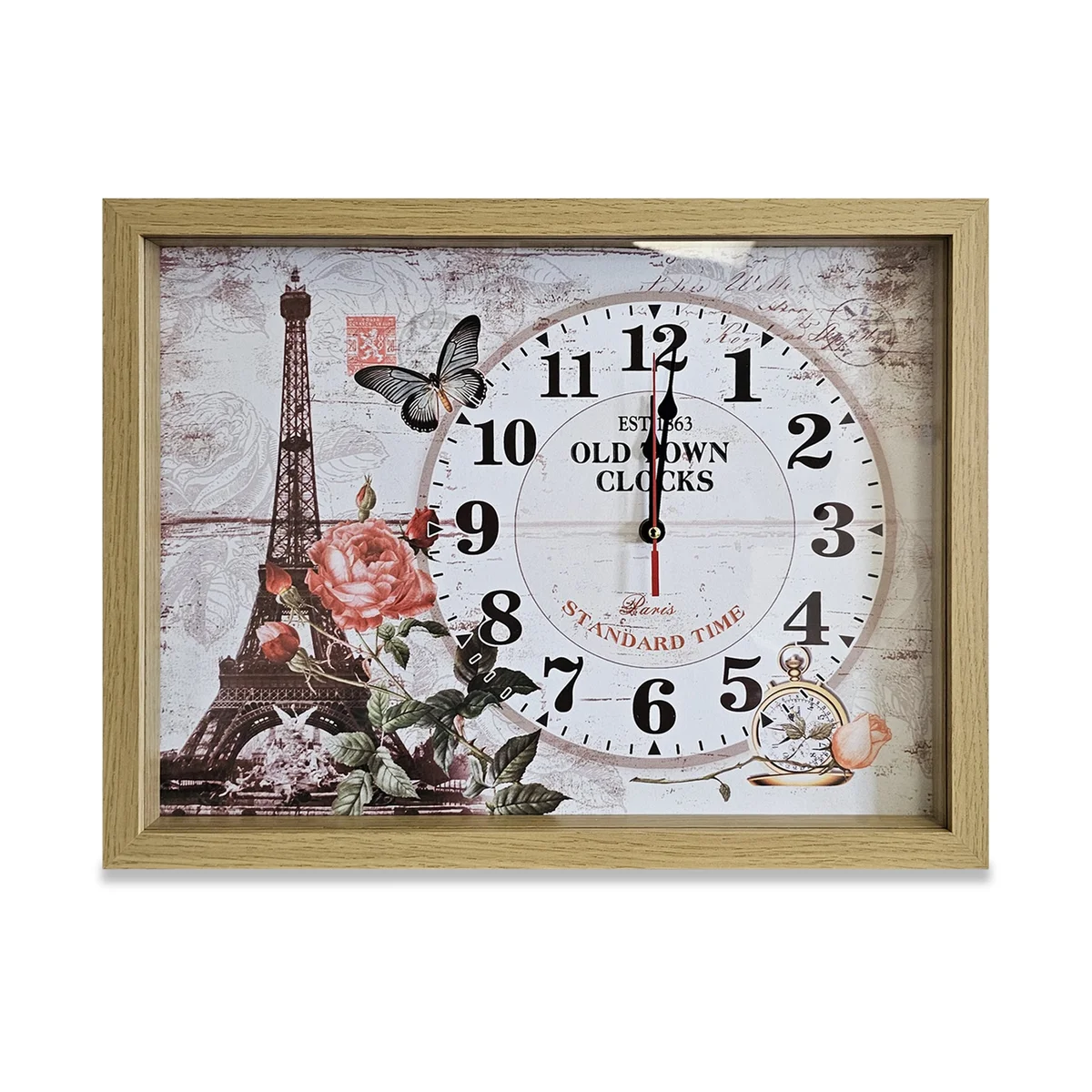 Rectangular wooden analogue battery clock with framed Eiffel Tower art and large clear numbers on a smooth surface
