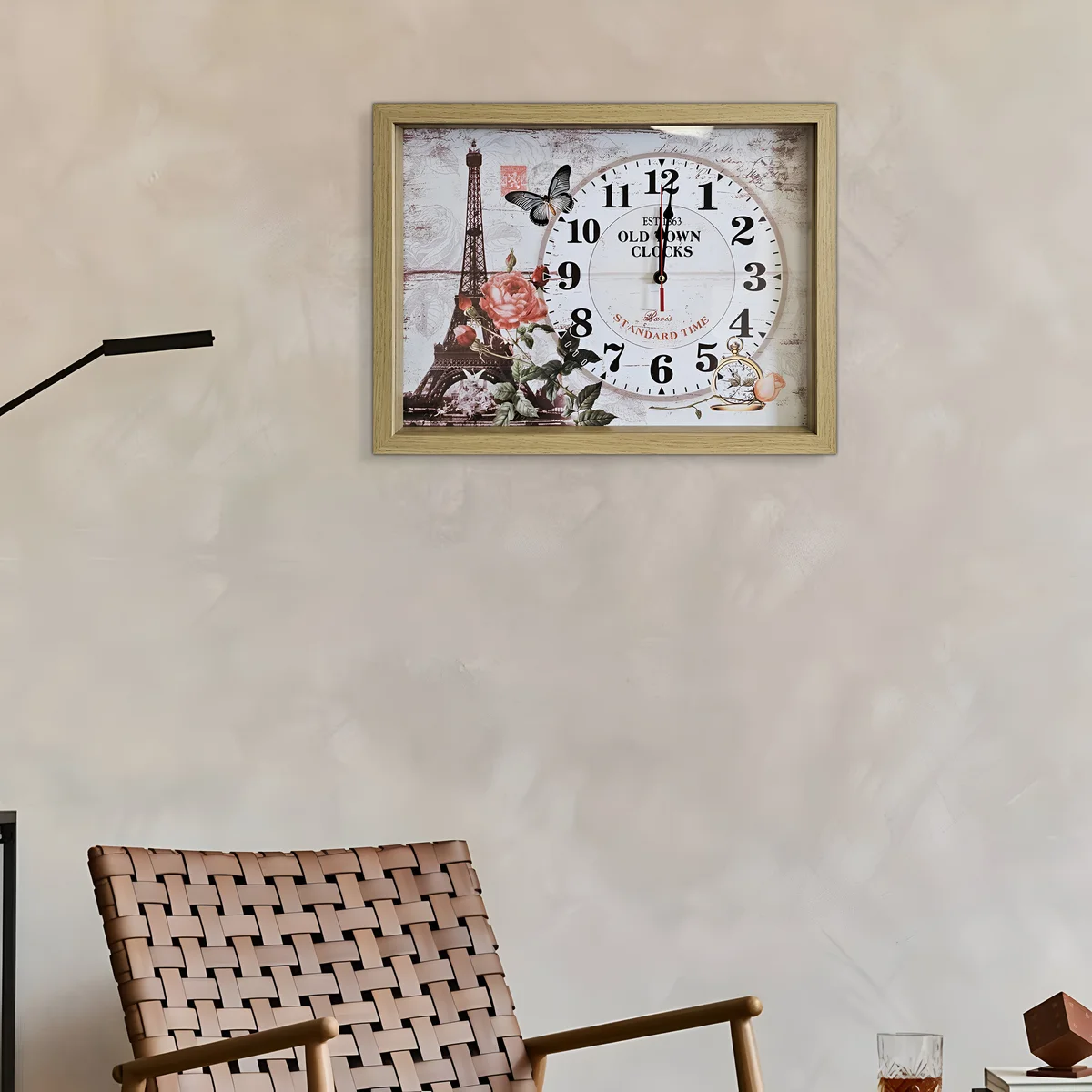 Rectangular wooden Parisian wall art clock with Eiffel Tower illustration in a sleek frame, vintage style, battery powered analog display