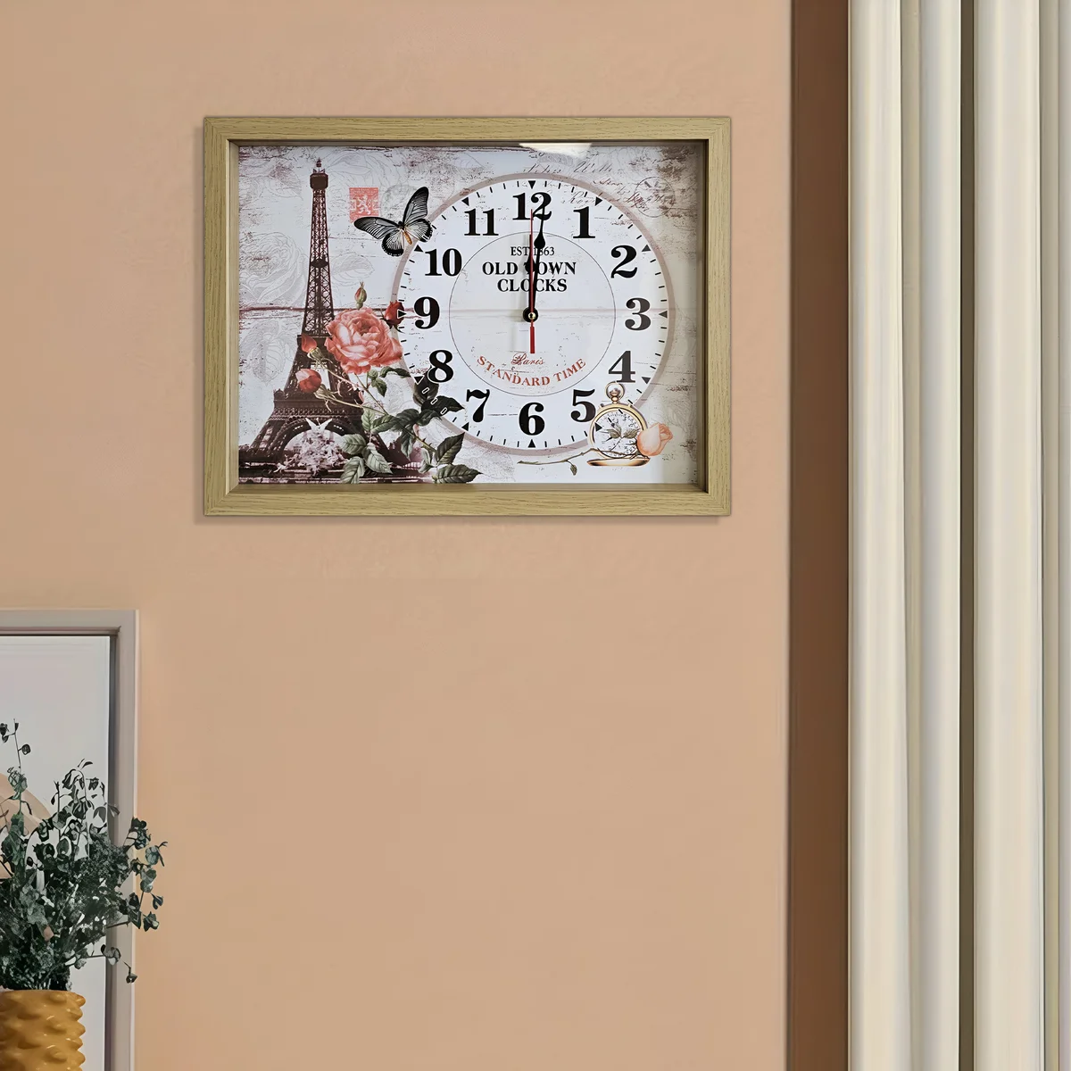 Rectangular vintage style clock with Eiffel Tower illustration on wooden frame, large clear numbers, battery operated wall clock