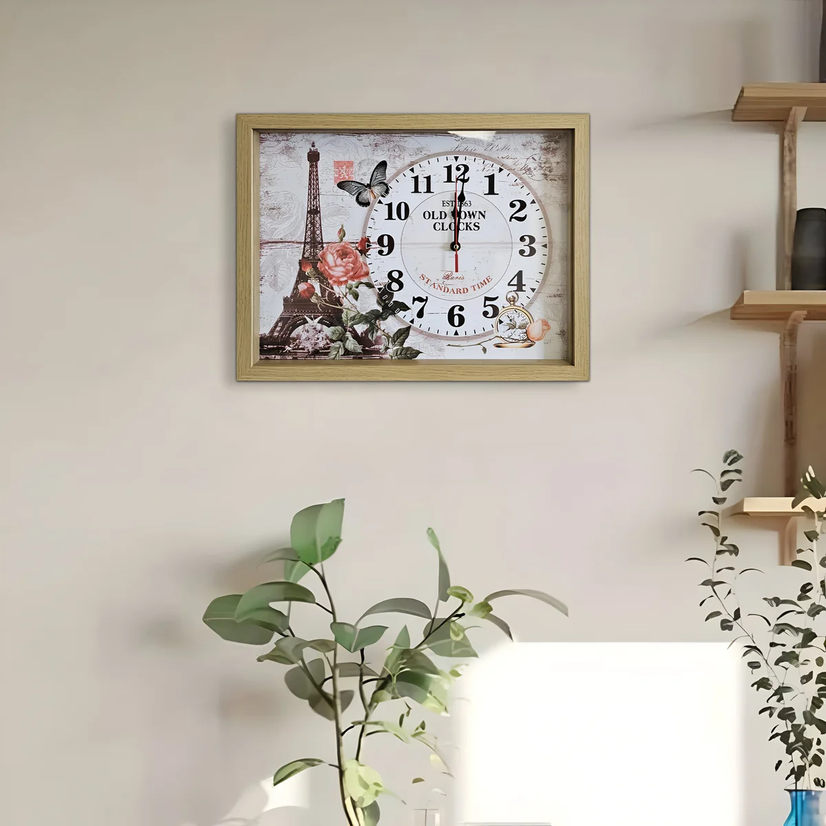 Rectangular wooden Eiffel Tower wall clock with framed Parisian art and large clear numbers on a smooth surface