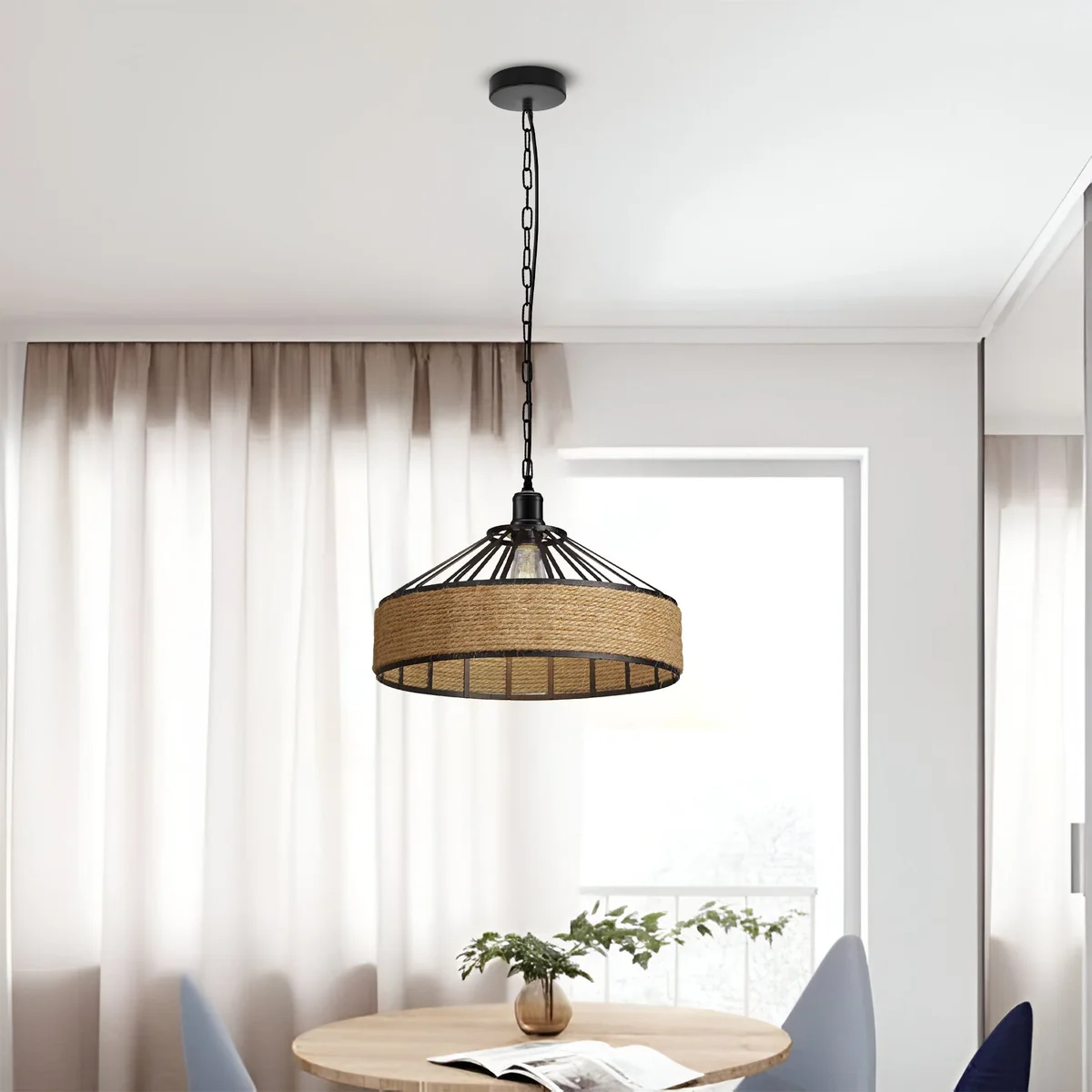 Large vintage rope pendant light with metal cage and hemp rope detailing, suitable for indoor living spaces