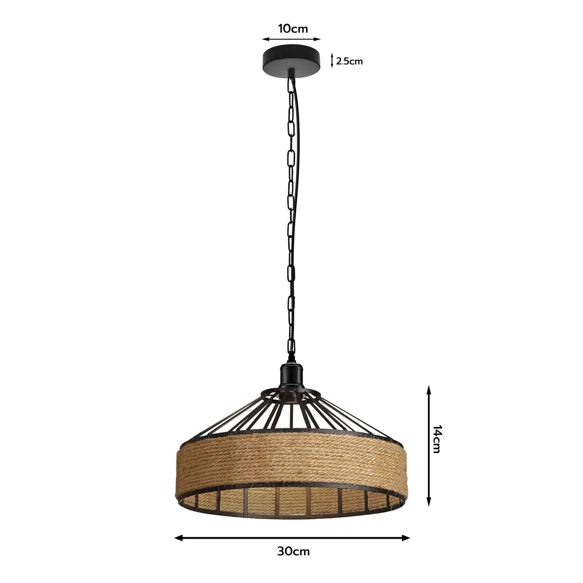Large hemp rope ceiling light with metal cage pendant, vintage style, adjustable height, suitable for living room lighting
