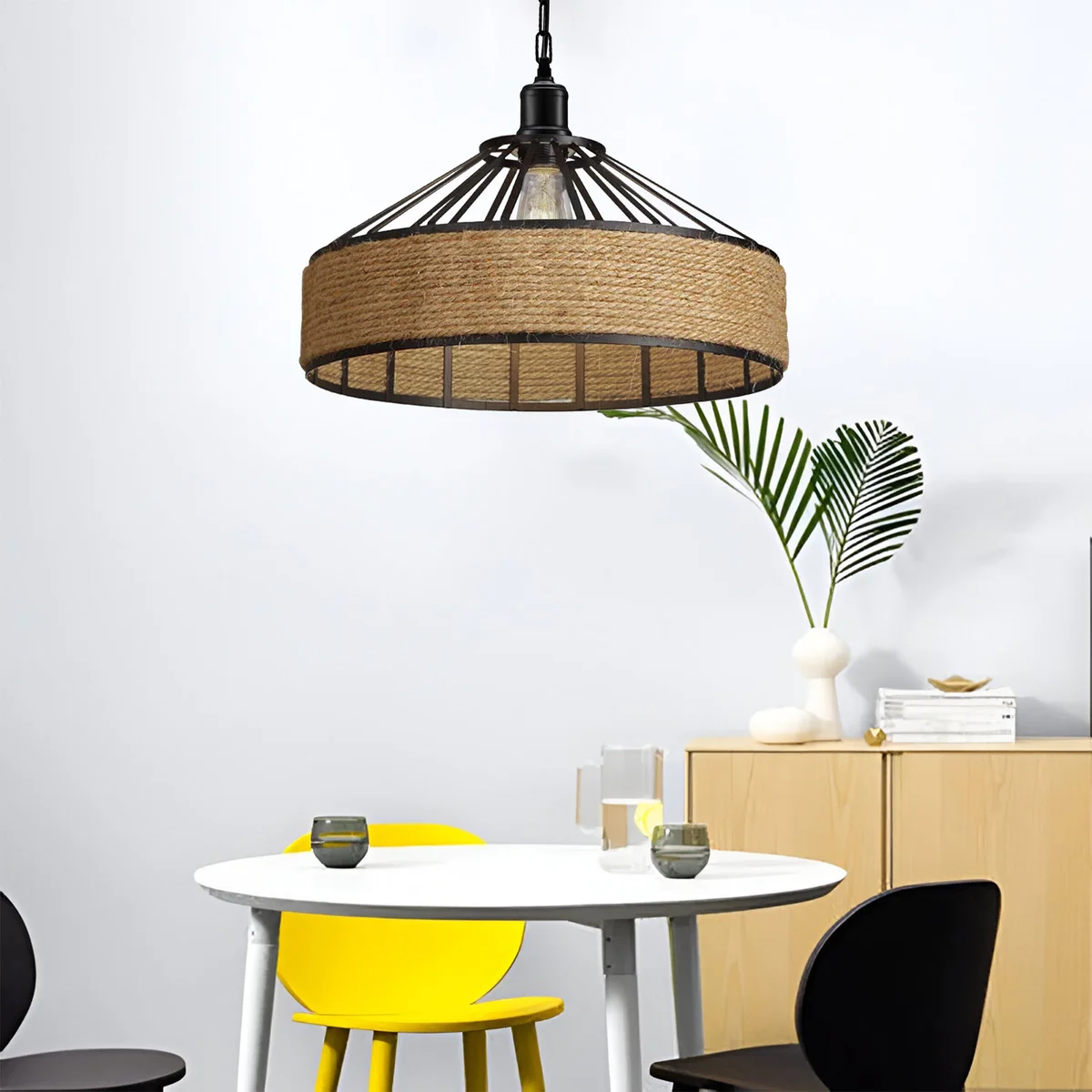 Vintage-style adjustable pendant lamp with metal cage and hemp rope, hanging in a bright living room setting